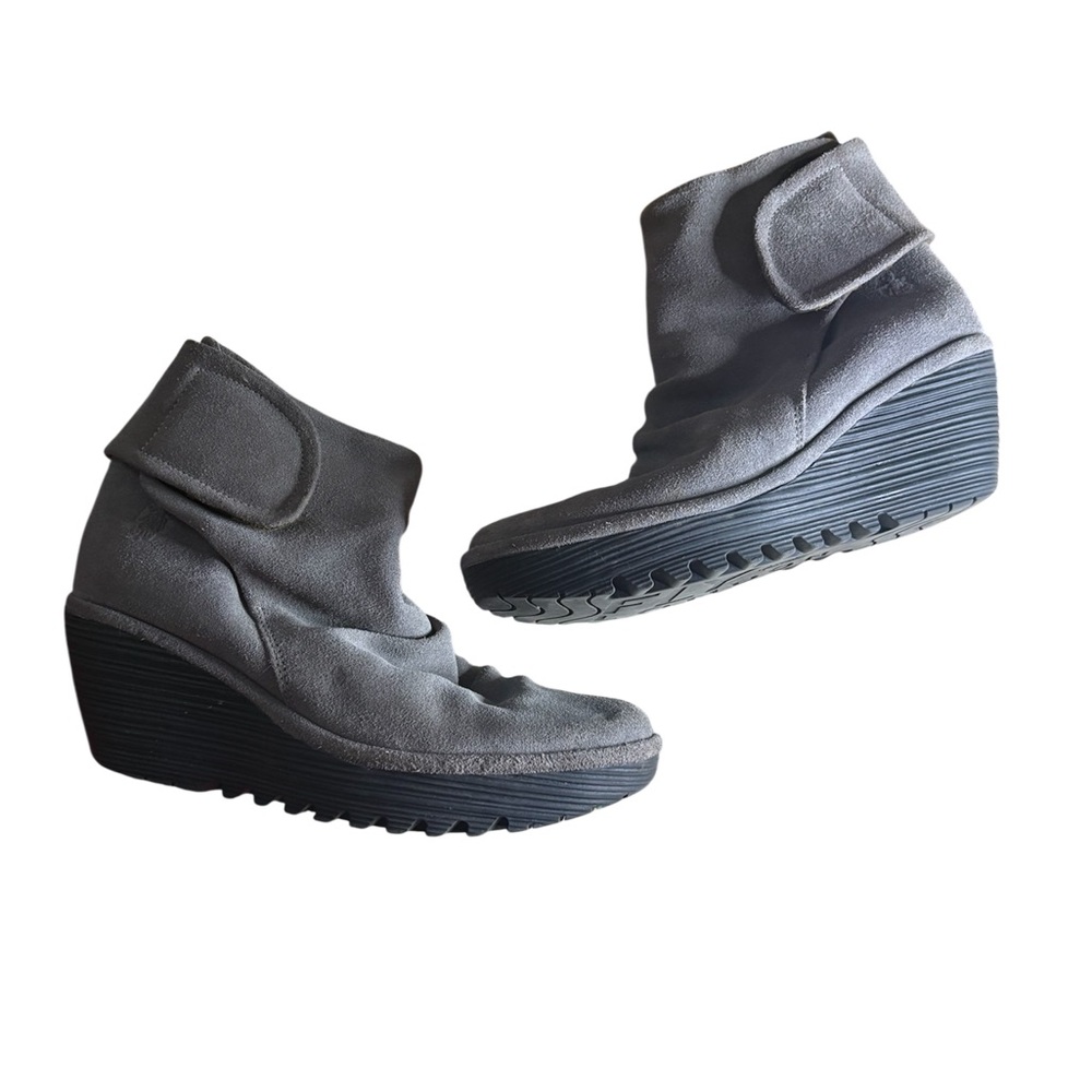 Fly London Grey Suede Wedge Boots - Comfortable Slip-On Style 37